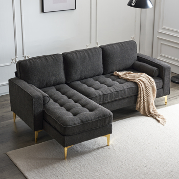 218*141*87cm Boucle Yarn, Diamond-Shaped Gold-Plated Three-Pronged Legs, Three-Seater With Footstool, Indoor Modular Sofa, Dark Grey