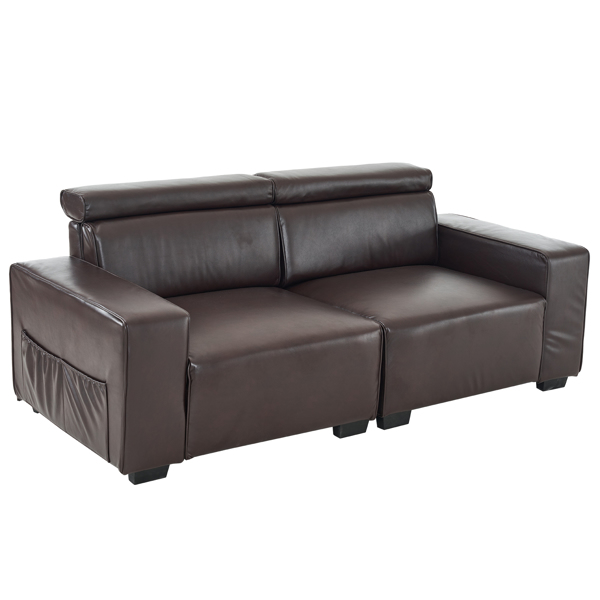 221*96*83cm Retro PU 26cm Fully Detachable Armrests Two Seats With Side Pockets Full Pull Points Indoor Double Sofa Brown