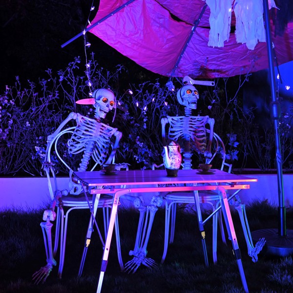 Halloween Decoration  Skeleton, Life Size Posable Skeleton with Stake Red Eyes Sound Activated Realistic Human Bones, Halloween Decoration for Indoor Outdoor Spooky Scene Haunted House（No shipping on 