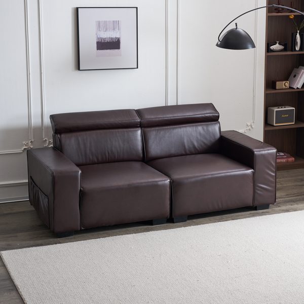 221*96*83cm Retro PU 26cm Fully Detachable Armrests Two Seats With Side Pockets Full Pull Points Indoor Double Sofa Brown