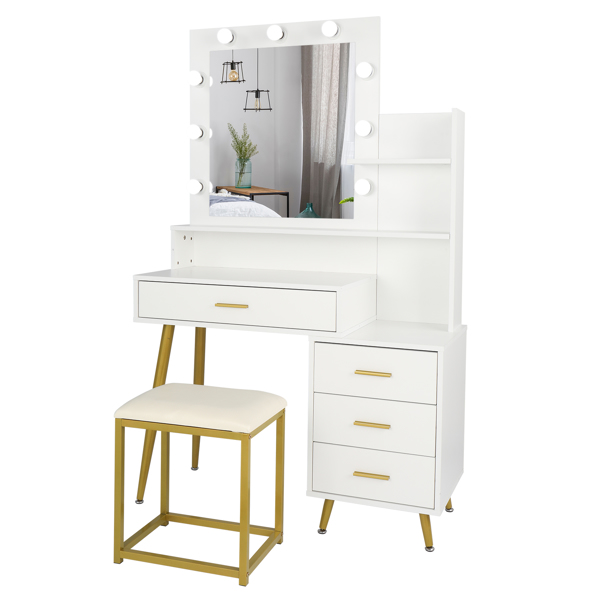  【Old Code：16772020】 Large Vanity Set with 9 LED Bulbs, Makeup Table with Cushioned Stool, 3 Storage Shelves 4 Drawers, Dressing Table Dresser Desk for Women, Girls, Bedroom, White