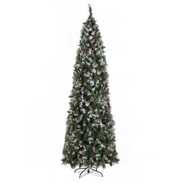 9ft Automatic Tree Structure Pointed Pencil Shape PVC Material Green Sticky White 460 Lights Warm Color 8 Modes 1298 Branches 91 Pine Cones 91 Berries Christmas Tree