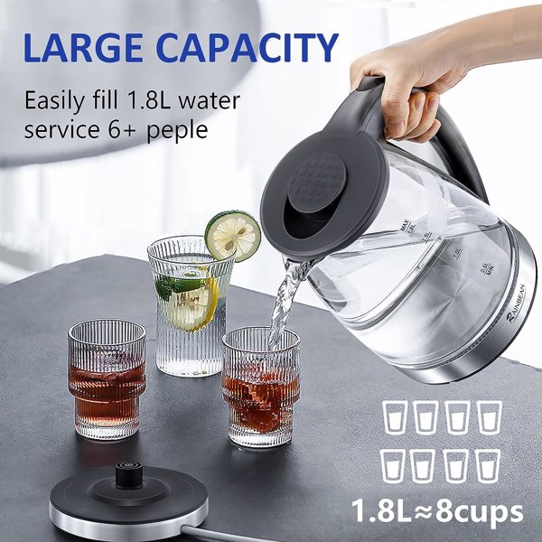 Electric Kettle Water Boiler, 1.8L Electric Tea Kettle, Wide Opening Hot Water Boiler with LED Light, Auto Shut-Off & Boil Dry Protection, Glass Black