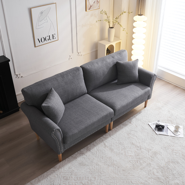 214*83*86cm American Style With Copper Nails, Burlap, Solid Wood Legs, Indoor Double Sofa, Dark Gray