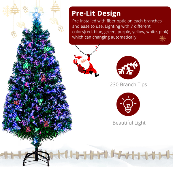 6ft Top With Stars PVC Material Fiber Optics 36 Lights With Snowflakes  Colorful Color Change 230 Branches Christmas Tree Green