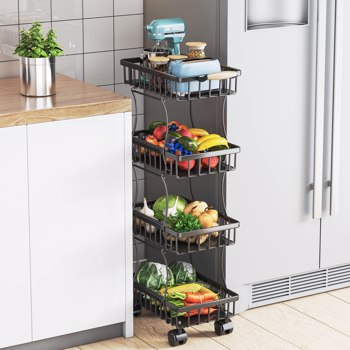 4 Tier Fruit Vegetable Basket for Kitchen, Storage Cart, Vegetable Basket Bins, Wire Storage Organizer Utility Cart with Wheels, Medium, Black（No shipping on weekends）