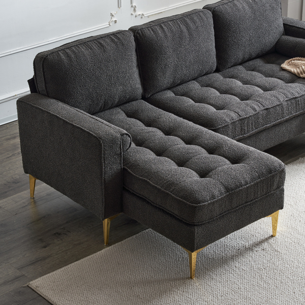 218*141*87cm Boucle Yarn, Diamond-Shaped Gold-Plated Three-Pronged Legs, Three-Seater With Footstool, Indoor Modular Sofa, Dark Grey