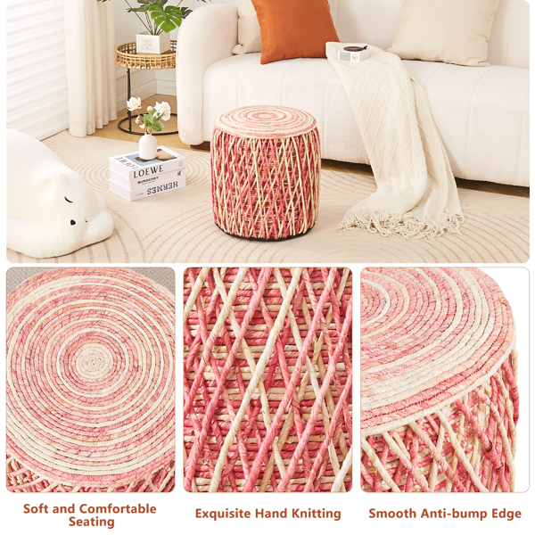 Round Pouf Ottoman Hand Weave Footstool Natural Seagrass Foot Stool Boho Footrest Stool Braided Pouffe Accent Chair for The Living Room Bedroom Nursery Patio Lounge Pink