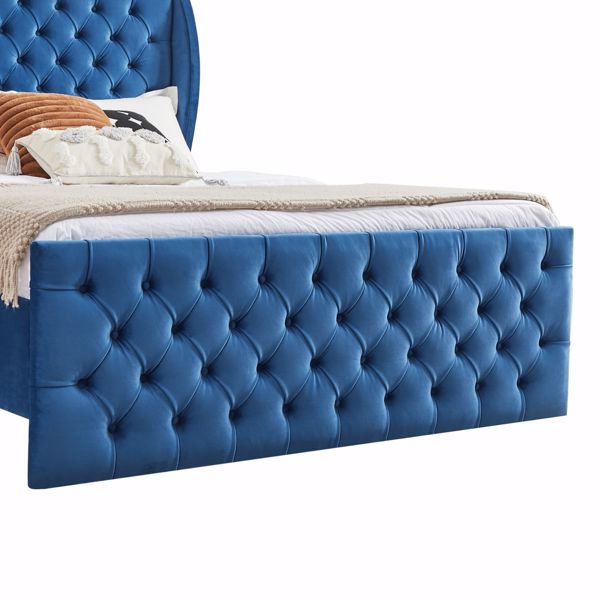 Upholstered wingback velvet fabric Chesterfield bed/button tufted headboard with vintage wings/wood slat support/easy to assemble。Queen-Size-Blue