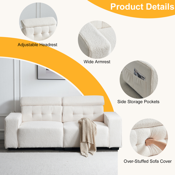 221*96*83cm Teddy Velvet 26cm Fully Detachable Armrests Two Seats With Side Pockets Backrest Pull Points Indoor Double Sofa Off-White