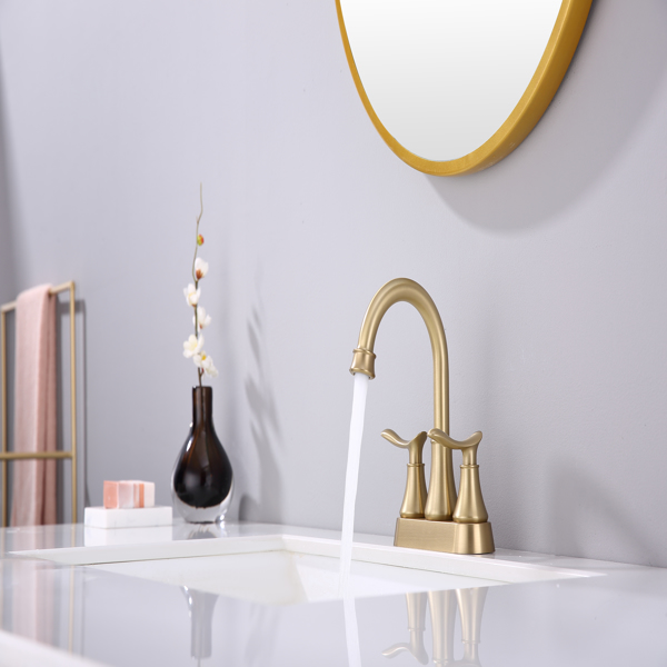 2-Handle 4-Inch Brushed Gold Bathroom Faucet, Bathroom Vanity Sink Faucets with Pop-up Drain and Supply Hoses [Unable to ship on weekends, please place orders with caution]