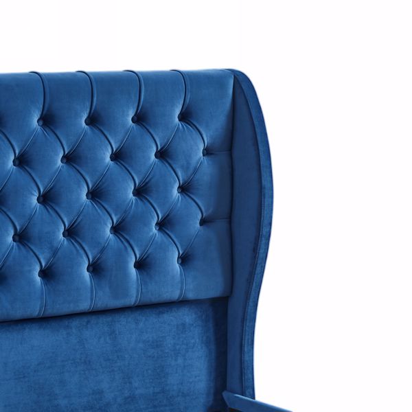 Upholstered wingback velvet fabric Chesterfield bed/button tufted headboard with vintage wings/wood slat support/easy to assemble。Queen-Size-Blue