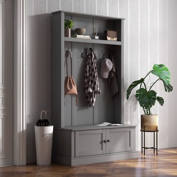  Storage Cabinet  Hall Tree Entryway Bench with Coat Rack, Gray-AS