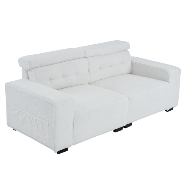 221*96*83cm Teddy Velvet 26cm Fully Detachable Armrests Two Seats With Side Pockets Backrest Pull Points Indoor Double Sofa Off-White