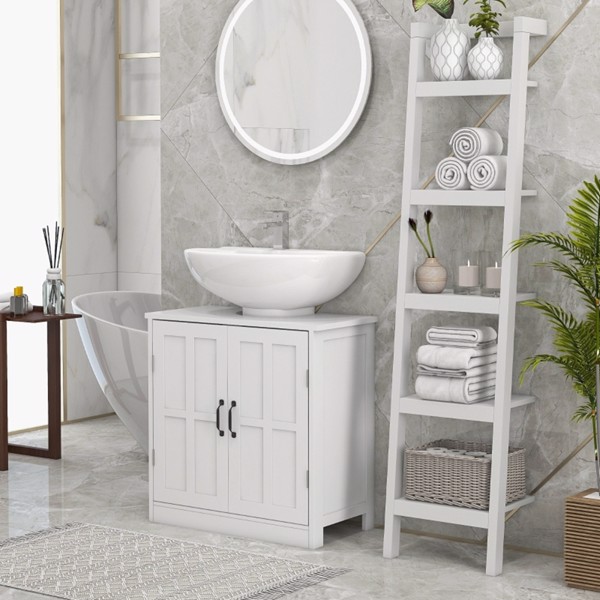  Bathroom Sink Cabinet, Pedestal Sink Cabinet with Adjustable Shelf, White-AS