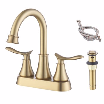 2-Handle 4-Inch Brushed Gold Bathroom Faucet, Bathroom Vanity Sink Faucets with Pop-up Drain and Supply Hoses 
