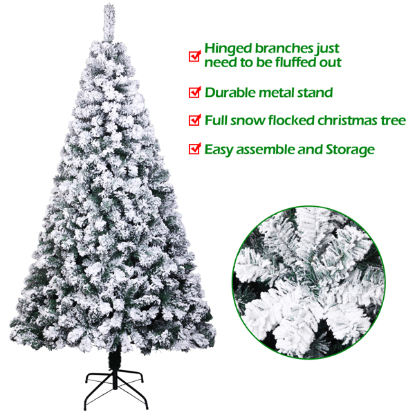 6FT PVC Flocking Christmas Tree 1202 Branches Spread Out Naturally Tree