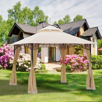 10ft x 10ft Outdoor Patio Gazebo Canopy Tent  Beige-AS (Swiship-Ship)（Prohibited by WalMart）