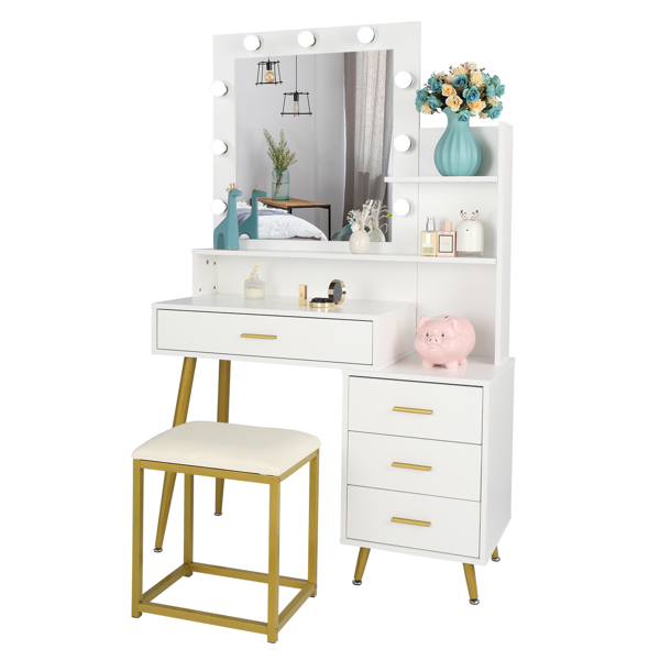  【Old Code：16772020】 Large Vanity Set with 9 LED Bulbs, Makeup Table with Cushioned Stool, 3 Storage Shelves 4 Drawers, Dressing Table Dresser Desk for Women, Girls, Bedroom, White