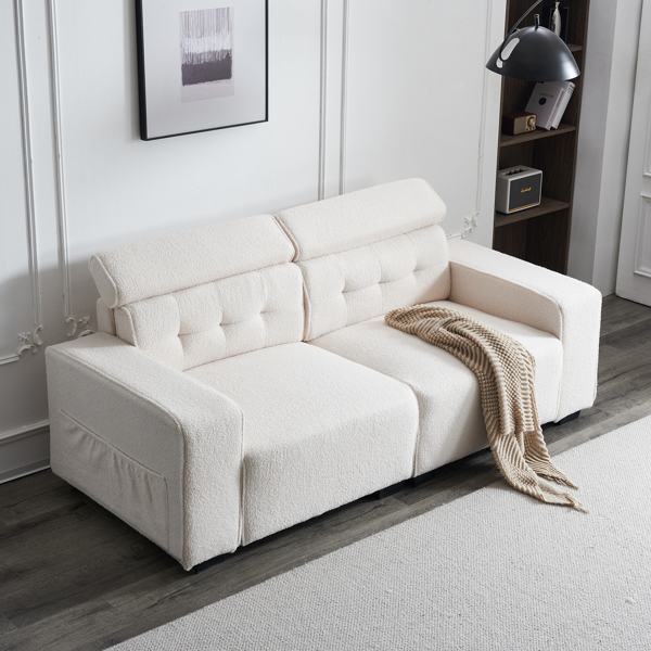 221*96*83cm Teddy Velvet 26cm Fully Detachable Armrests Two Seats With Side Pockets Backrest Pull Points Indoor Double Sofa Off-White
