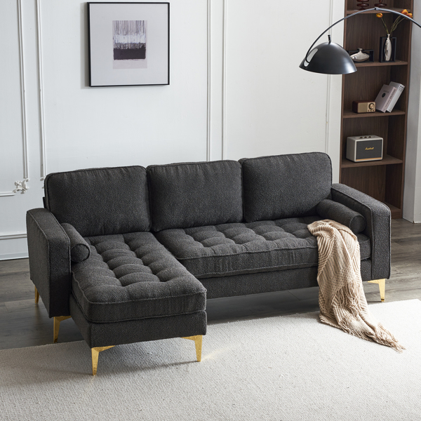 218*141*87cm Boucle Yarn, Diamond-Shaped Gold-Plated Three-Pronged Legs, Three-Seater With Footstool, Indoor Modular Sofa, Dark Grey