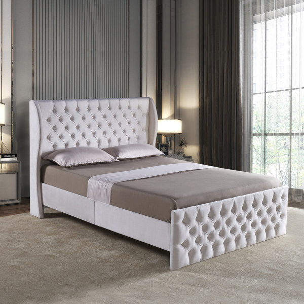 Upholstered wingback velvet fabric Chesterfield bed/button tufted headboard with vintage wings/wood slat support/easy to assemble。Queen-Size-White