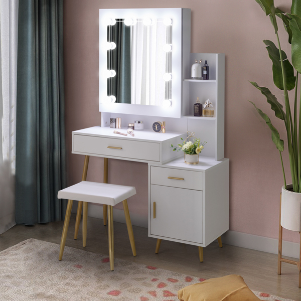 FCH Particleboard Triamine Veneer 2 Drawers 1 Door 2 Shelves Mirror Cabinet 3 Light Bulbs Dressing Table Set White