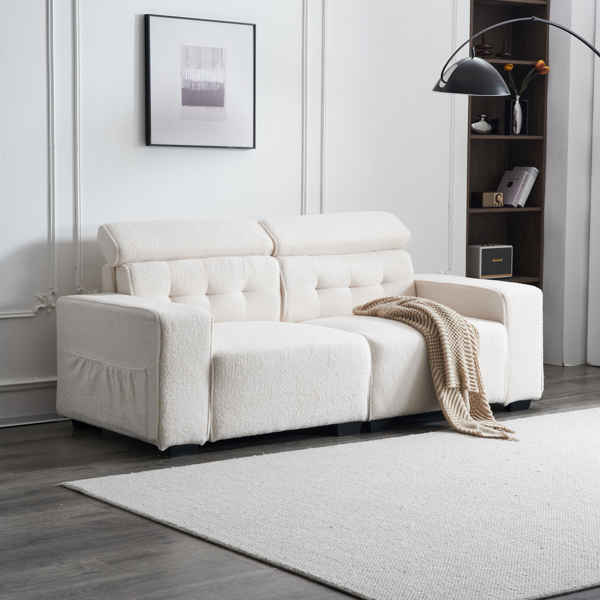 221*96*83cm Teddy Velvet 26cm Fully Detachable Armrests Two Seats With Side Pockets Backrest Pull Points Indoor Double Sofa Off-White