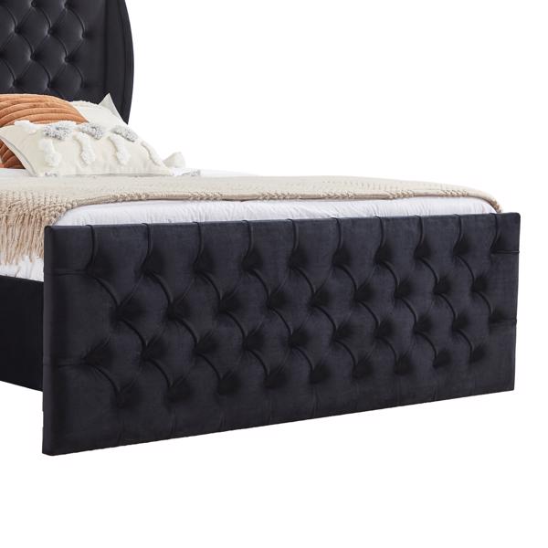 Upholstered wingback velvet fabric Chesterfield bed/button tufted headboard with vintage wings/wood slat support/easy to assemble。Queen-Size-Black