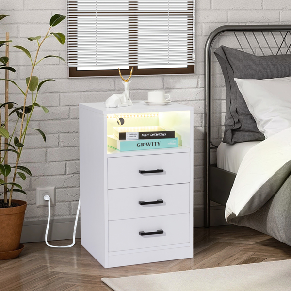 FCH 40*35*65cm Particleboard Pasted Triamine Three Drawers With Socket With LED Light Bedside Table White