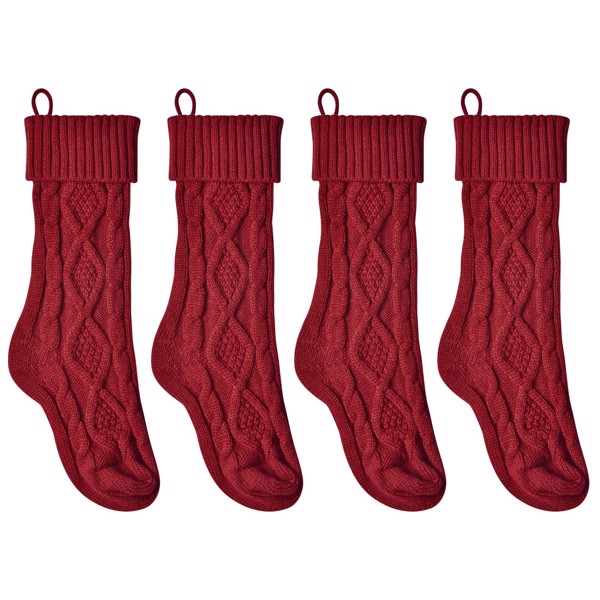 4 Pack Personalized Christmas Stockings 18 Inches Large Size Cable Knitted Stocking Gifts & Decorations for Family Holiday Xmas Party, Burgundy，on fireplace mantel, stairs, Christmas tree, windows（No 