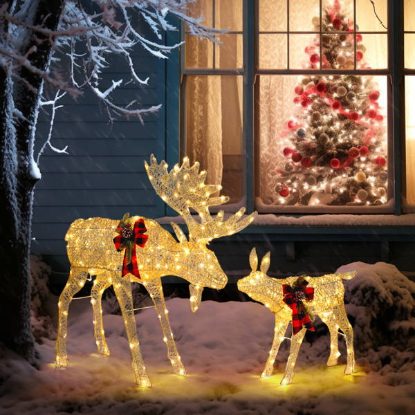 2pcs 4ft 30V 3.6W Moose Family 200LED Leather String Light Garden Moose Decoration Golden