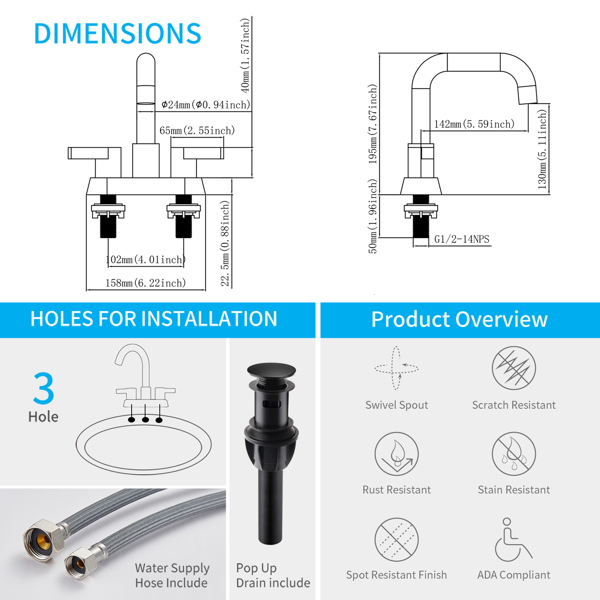 Bathroom Faucet 2 Handle 4 Inch Centerset Bathroom Sink Faucets 3 Hole with Pop Up Drain and Water Supply Lines, Matte Black[Unable to ship on weekends, please place orders with caution]