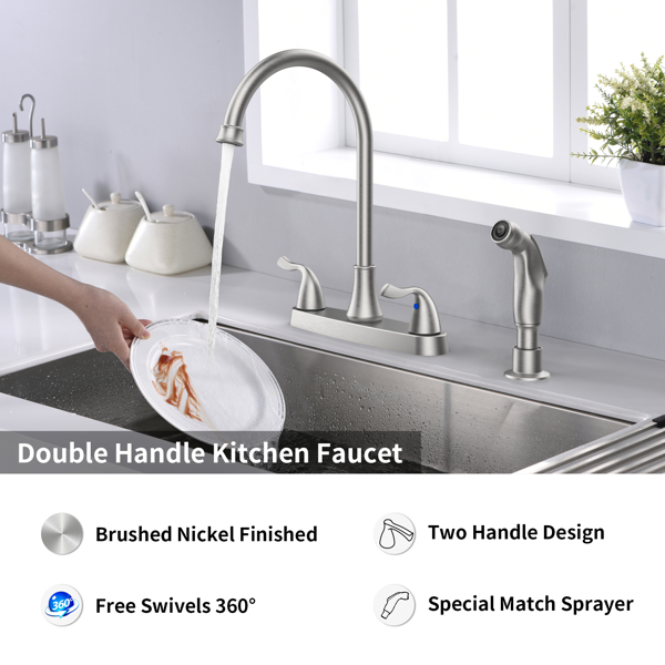 Two-Handle Kitchen Faucet with Pull-Out Side Sprayer, 360 Swivel 304 Stainless steel, 4-hole 8 inch installation, Brushed Nickel
[Unable to ship on weekends, please place orders with caution]