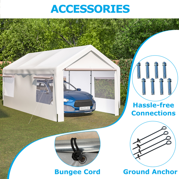 10x20 Heavy Duty Steel Canopy Tent with Roll-up Ventilated Windows, Garage Carport with Removable Sidewall & Doors, White