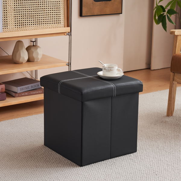 FCH 38*38*38cm Glossy With LinesPVC MDF Foldable Storage Footstool Black