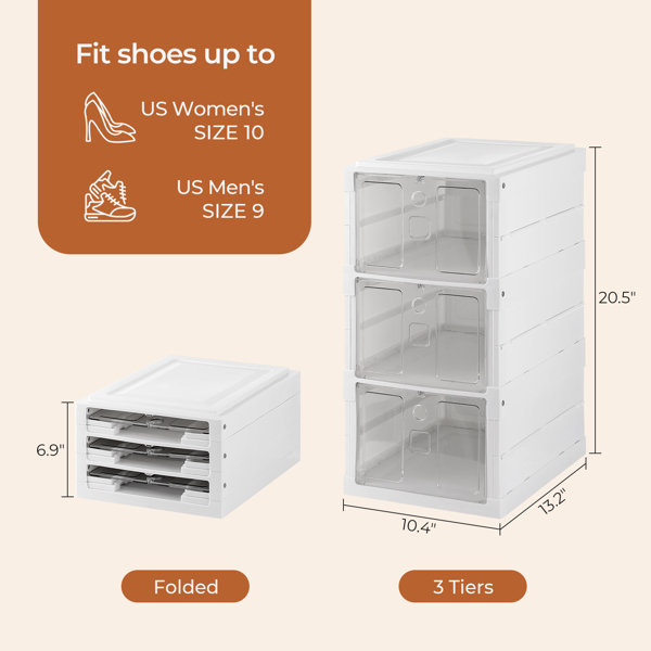 Plastic Stackable Shoe Storage Organizer for Closet，oldable Shoe Sneaker Containers Bins Holders (3 Tier, White)