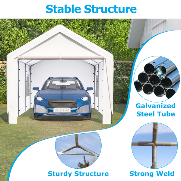 10x20 Heavy Duty Steel Canopy Tent with Roll-up Ventilated Windows, Garage Carport with Removable Sidewall & Doors, White
