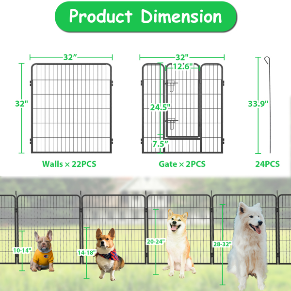 32" Outdoor Fence Heavy Duty Dog Pens 24 Panels Temporary Pet Playpen with Doors 