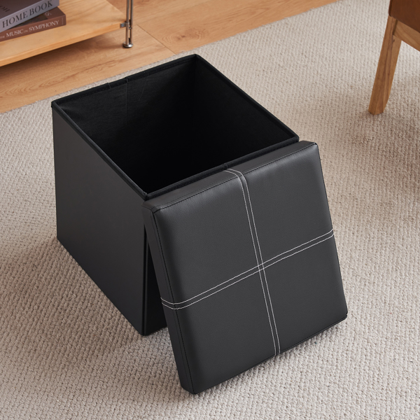 FCH 38*38*38cm Glossy With LinesPVC MDF Foldable Storage Footstool Black