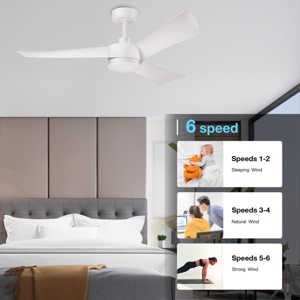 52" Smart Ceiling Fans with Lights and Remote, Quiet Reversible DC Motor and changing& Dimmable LED Light, 3 Blades 6 Speed White Ceiling Fan for Farmhouse Living Room Bedroom Dining Room Workroom Stu