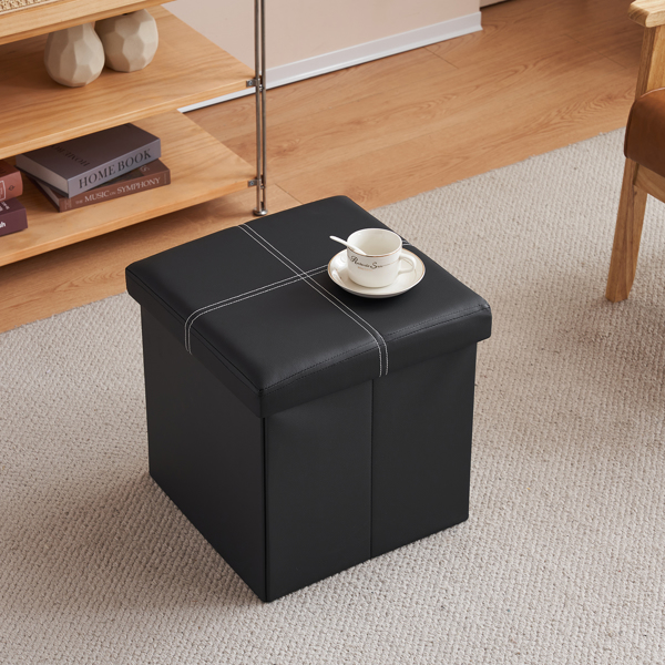 FCH 38*38*38cm Glossy With LinesPVC MDF Foldable Storage Footstool Black