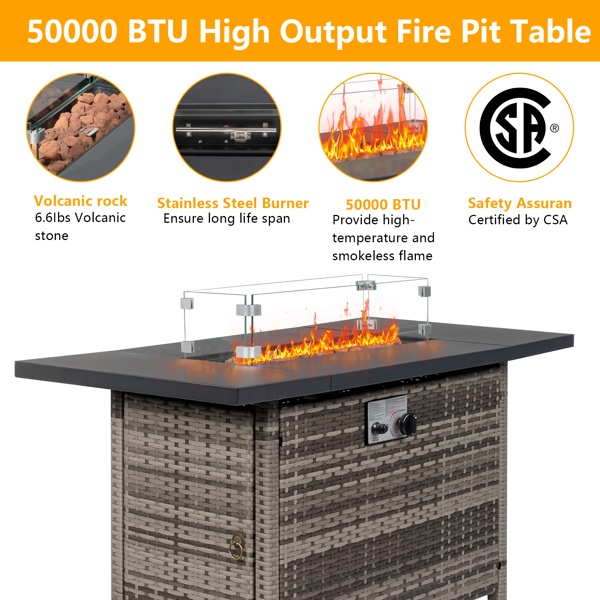 43-Inch Fire Table，50000 BTU Gas Firepit with Volcanic Stone Black