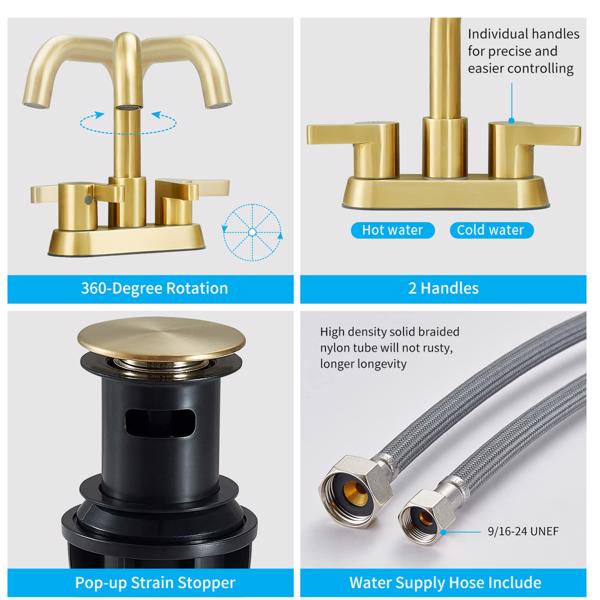 Bathroom Faucet 2 Handle 4 Inch Centerset Bathroom Sink Faucets 3 Hole with Pop Up Drain and Water Supply Lines, Brushed Gold[Unable to ship on weekends, please place orders with caution]