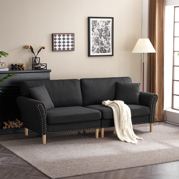 FCH 214*83*86cm American Style With Copper Nails Burlap Solid Wood Legs Indoor Double Sofa Black