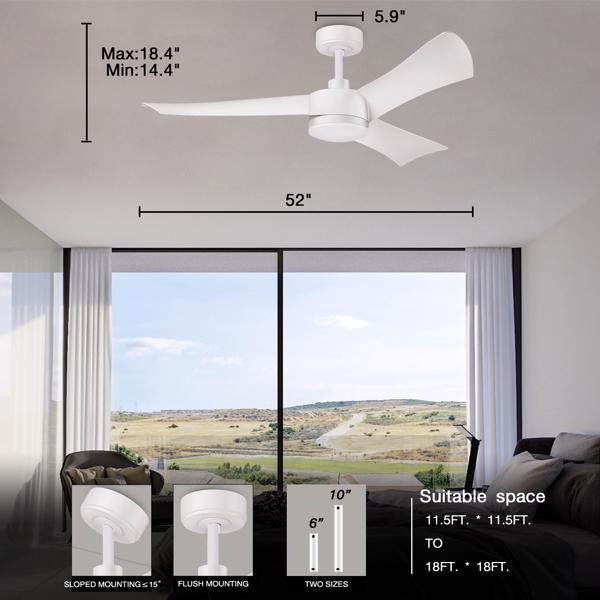 52" Smart Ceiling Fans with Lights and Remote, Quiet Reversible DC Motor and changing& Dimmable LED Light, 3 Blades 6 Speed White Ceiling Fan for Farmhouse Living Room Bedroom Dining Room Workroom Stu