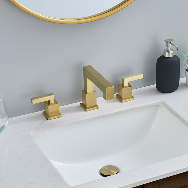 Brushed Gold 3-Hole Low-Arch 8 Inch Widespread Bathroom Faucet, Vanity Sink Faucet with Metal Pop Up Drain Assembly and Water Supply Lines for Lavatory[Unable to ship on weekends, please place orders 