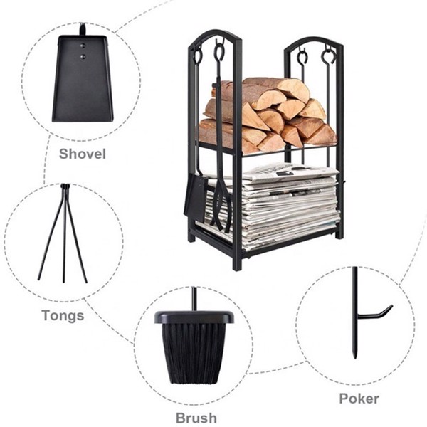 17.8L x11.8W x 29.3H in Wrought Iron Steel Frame Firewood Storage Holder with 4 Tools, Black