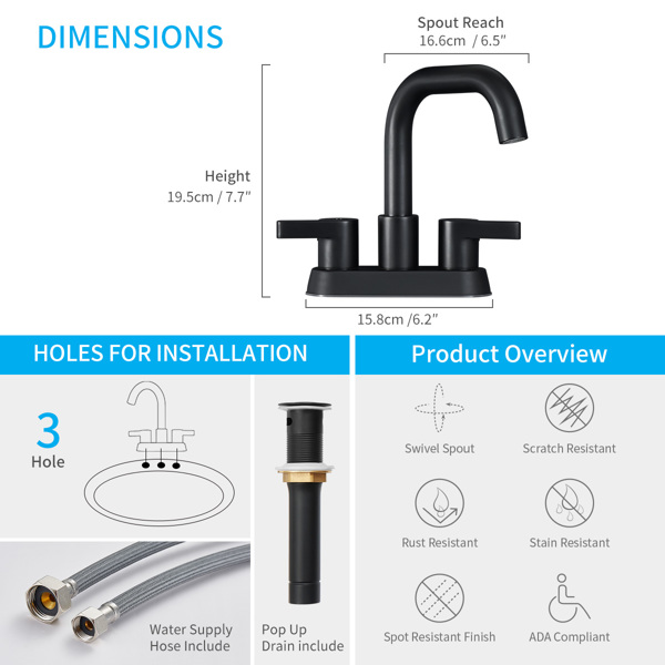 Bathroom Faucet 2 Handle 4 Inch Centerset Bathroom Sink Faucets 3 Hole with Pop Up Drain and Water Supply Lines, Matte Black[Unable to ship on weekends, please place orders with caution]
