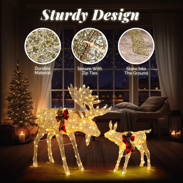 2pcs 4ft 30V 3.6W Moose Family 200LED Leather String Light Garden Moose Decoration Golden